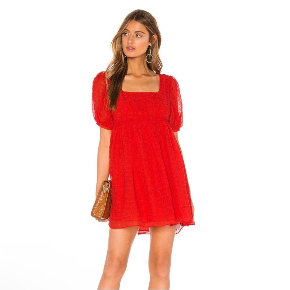 L'Academie Rene Babydoll Puff Sleeve Mini Dress Poppy Red XS